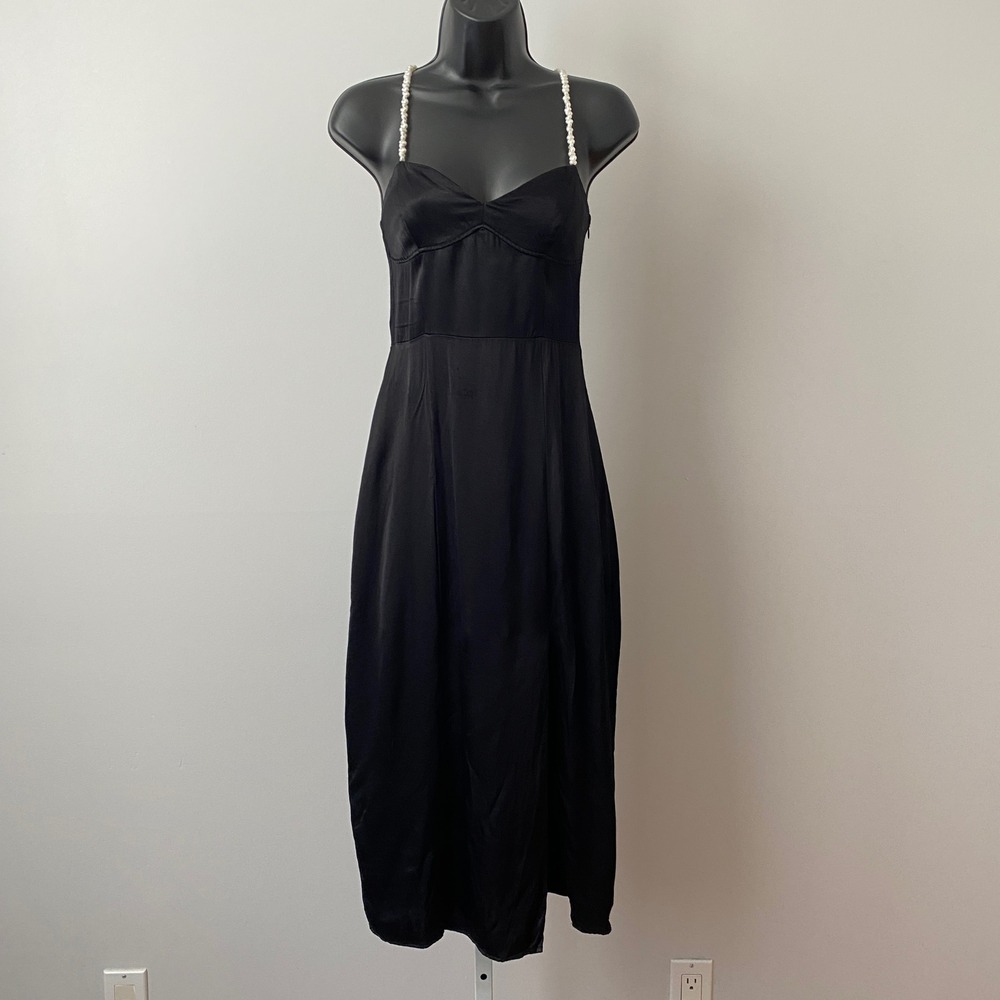 Zara Viscose MobWife Ethereal Pearl Strap Midi Slip Dress Small Black
